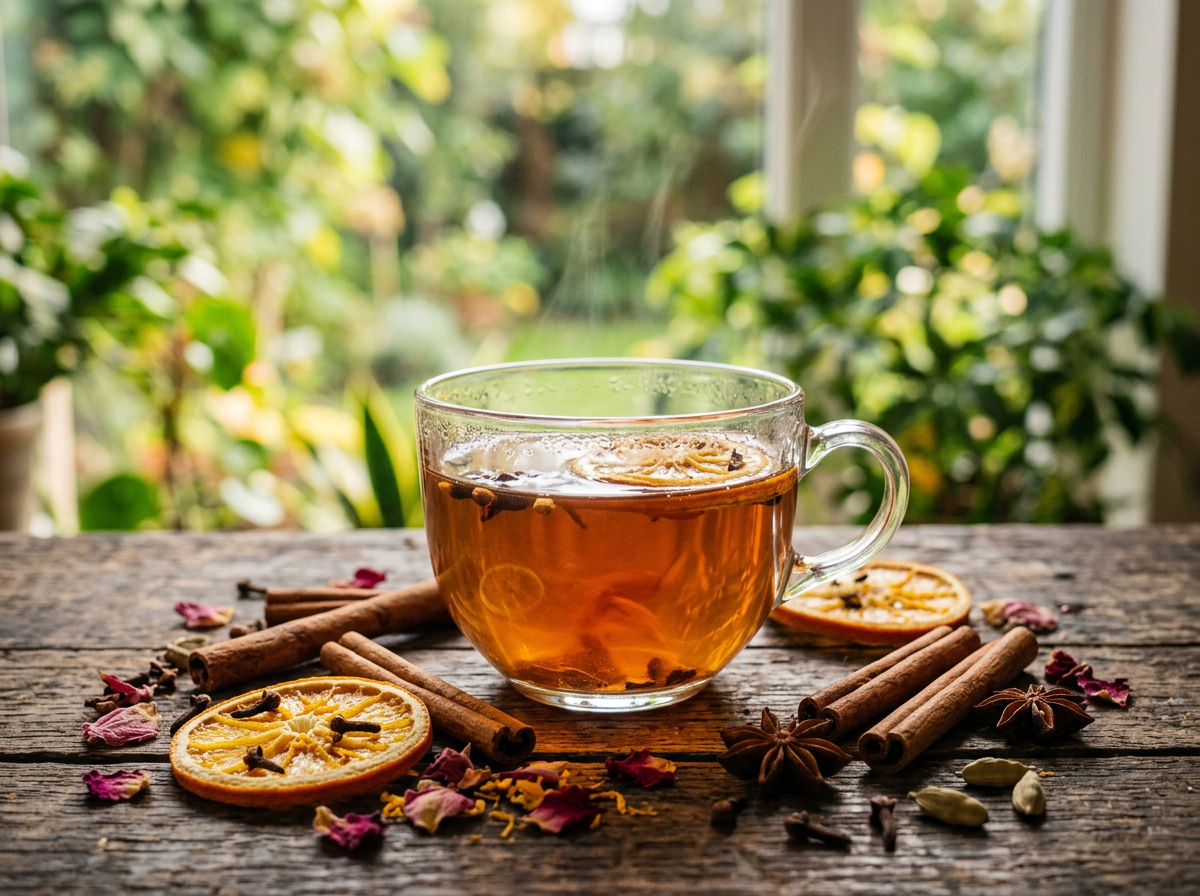 Cup of flavoured tea with spices
